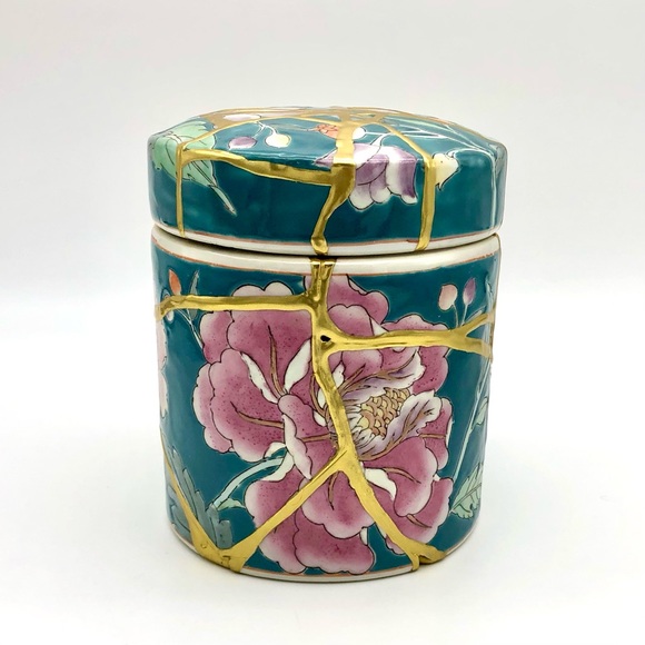 Kintsugi Container Stash Pot Chinese Floral Porcelain Gold Crack Growth Gift - Picture 13 of 13